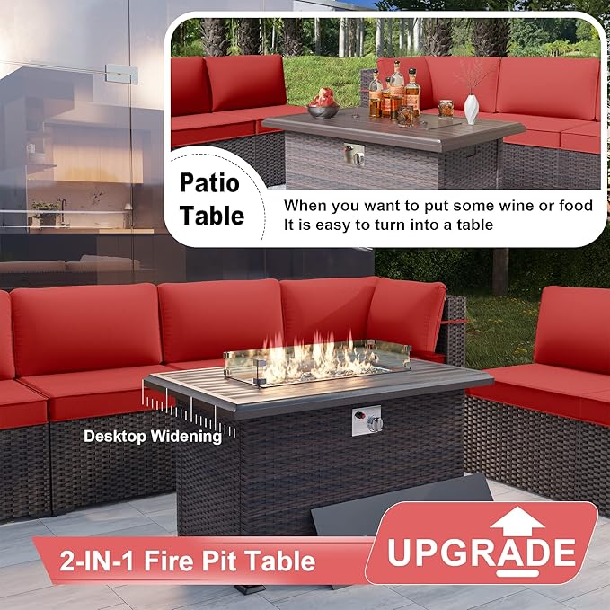 Patio Furniture Set with Fire Pit Table 8 PCS Outdoor Sectional Furniture Outdoor Rattan Patio Conversation Sets with 43in 55,000 BTU Propane Gas Fire Pit Table Glass Table, Red