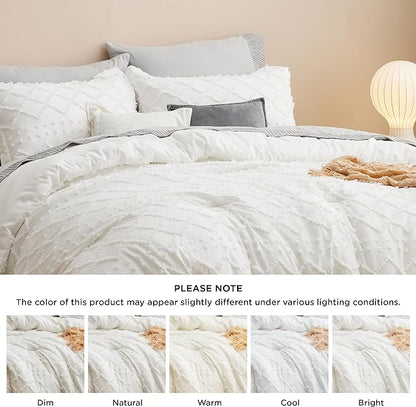 Bedsure Full Size Comforter Set - Ivory Comforter, Boho Tufted Shabby Chic Bedding Comforter Set, 3 Pieces Vintage Farmhouse Bed Set for All Seasons, Fluffy Soft Bedding Set with 2 Pillow Shams