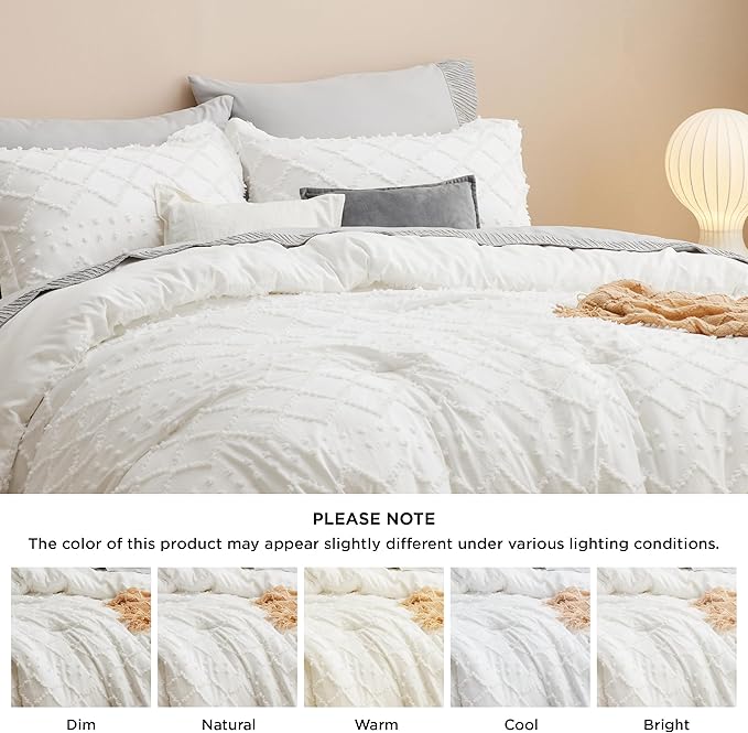 Bedsure Queen Comforter Set - Ivory Comforter, Boho Tufted Shabby Chic Bedding Comforter Set, 3 Pieces Vintage Farmhouse Bed Set for All Seasons, Fluffy Soft Bedding Set with 2 Pillow Shams