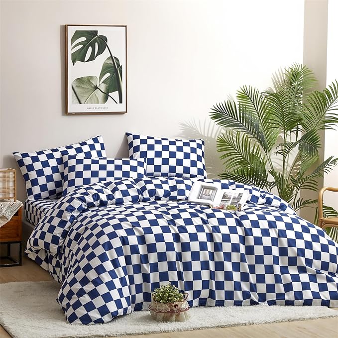 Wellboo Blue and White Comforter Sets Twin Women Men Diamond Royal Blue Checkerboard Grid Bedding Comforters Cotton Modern Jewelry Blue Checkered Geometric Quilts Luxury Sapphire Buffalo Plaid Bed