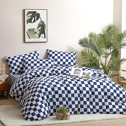 Wellboo Blue and White Comforter Sets Queen Women Men Diamond Royal Blue Checkerboard Grid Bedding Comforters Cotton Modern Jewelry Blue Checkered Geometric Quilts Luxury Sapphire Buffalo Plaid Bed