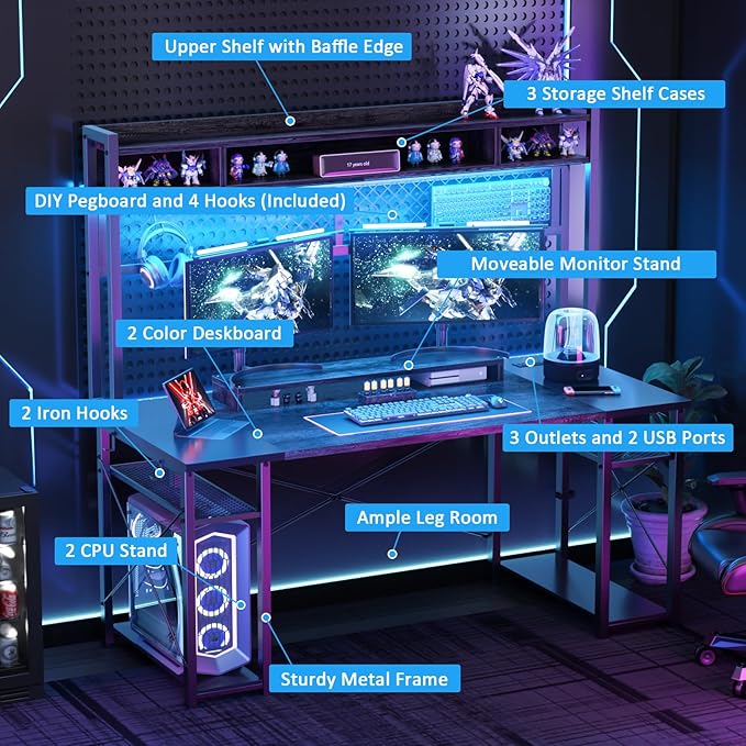 armocity 2024 Upgrade Gaming Desk with Hutch, 55.2'' Magic Computer Desk with LED and Outlets, Reversible Workstation Desk with Pegboard, Grey/Black