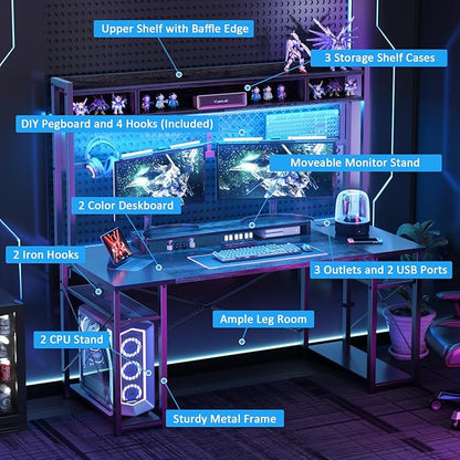 armocity 2024 Upgrade Gaming Desk with Hutch, 55.2'' Magic Computer Desk with LED and Outlets, Reversible Workstation Desk with Pegboard, Grey/Black