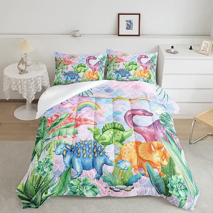 Datura home Kids Dinosaur Comforter Set for Girls Women,Cute Mermaid Scales and Rainbow Cloud Printed Pattern Kawaii Dinosaur Bedding Set with 2 Pillowcases(Dinosaur Rainbow Full)