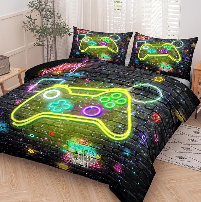 NINENINE Gaming Bedding 5PCS Queen Size Comforter Sets for Boys,Gamer Bedding Sets for Boys,Gampad Black Comforter Sheet Set(1Comforter, 1Flat Sheet, 1Fitted Sheet, 2Pillowcases)…