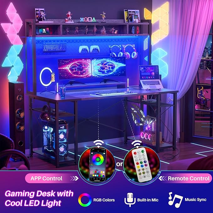 armocity 2024 Upgrade Gaming Desk with Hutch, 55.2'' Magic Computer Desk with LED and Outlets, Reversible Workstation Desk with Pegboard, Grey/Black