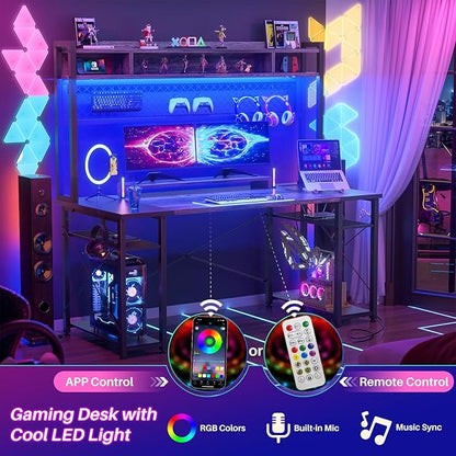 armocity 2024 Upgrade Gaming Desk with Hutch, 55.2'' Magic Computer Desk with LED and Outlets, Reversible Workstation Desk with Pegboard, Grey/Black