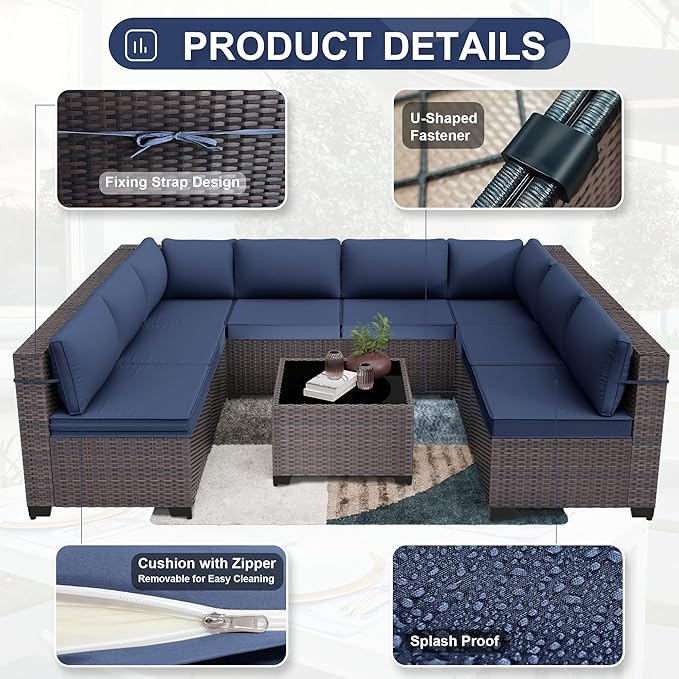 Patio Furniture Set 9-Pieces Outdoor Furniture for Backyard Wicker Sectional Sofa Set, Rattan Patio Conversation Set with Thickened Cushions and Glass Coffee Table, Navy Blue