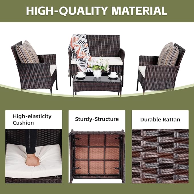 Patio Furniture Set 4 Pieces Conversation Sets Outdoor Wicker Rattan Chairs Garden Backyard Balcony Porch Poolside Loveseat with Soft Cushion and Tempered Glass Table(Brown/Beige)
