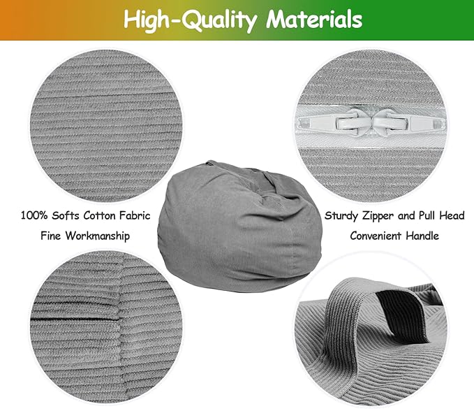 Stuffed Animal Storage Bean Bag Chair Corduroy Toy Cover Organize Plush Toys and Textiles Perfect Ultra Soft Sack Bean Bag for Kids and Teens (No Filler) Gray