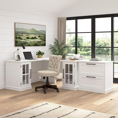 Bush Furniture Westbrook 60W Computer Desk with Storage and Keyboard Tray in White Ash | Farmhouse Desk for Home Office Workspace