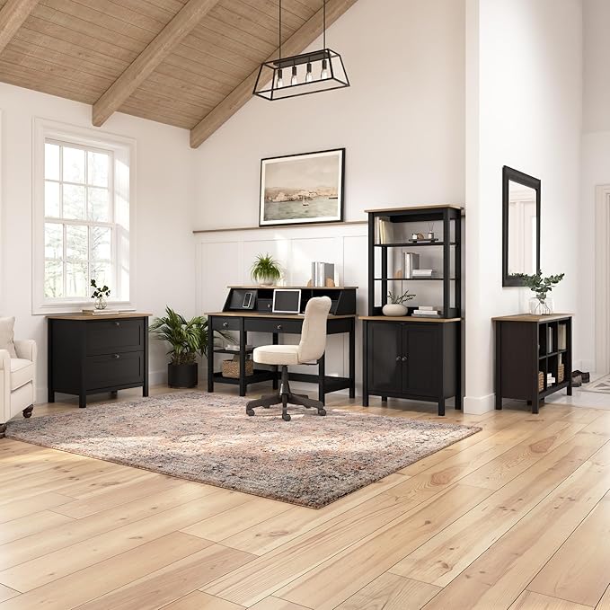 Bush Furniture Mayfield 54W Computer Desk with Shelves in Vintage Black and Reclaimed Pine| Table and Storage for Home Office Workspace