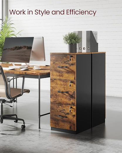 VASAGLE 3-Drawer Vertical File Cabinet, Filing Cabinet for Home Office, Printer Stand, with 3 Lockable Drawers, Adjustable Hanging Rail, for A4 and Letter-Size Files, Rustic Brown and Black UOFC055B01