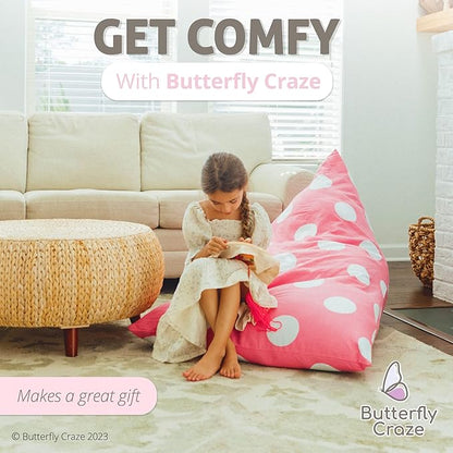 Butterfly Craze Bean Bag Chair Cover, Functional Toddler Toy Organizer, Fill with Stuffed Animals to Create a Jumbo, Comfy Floor Lounger for Boys or Girls, Stuffing Not Included, Light Pink Polka Dots