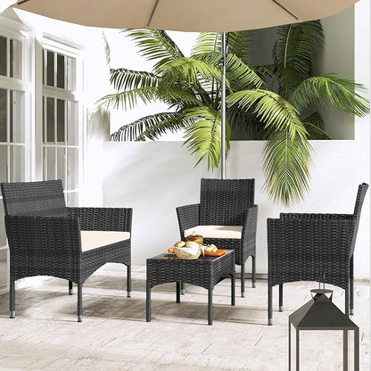 Patio Furniture, 4 Piece Conversation Set, Outdoor Wicker Rattan Table and Chairs, Sectional Sofa with Thick Cushion for Garden, Yard, or Porch, Dark Black