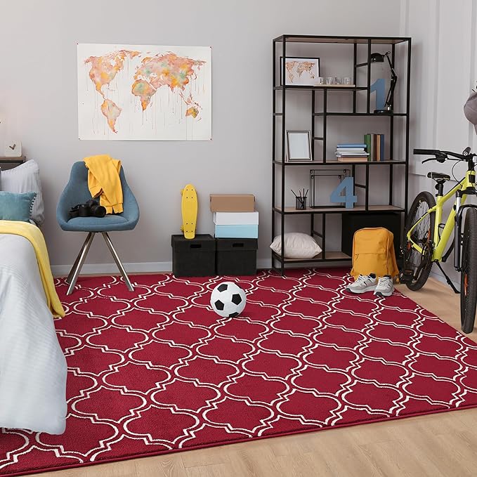 Chicrug Shag Geometric 4x6 Area Rug for Living Room, Large Modern Memory Foam Indoor Carpet, Fluffy Rug for Bedroom Bedside Room Decor for Family Girls Kids Nursery, Wine Red/White