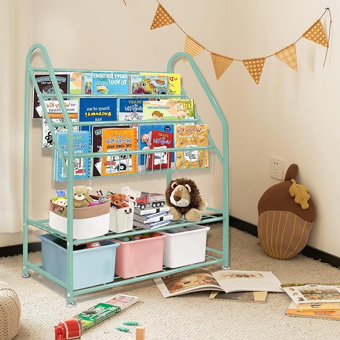 aboxoo Metal Kids Bookshelf Green Freestanding for Children Room 32 in Toy Organizer Book Unit Storage Large Green Stable Bookcase Bookstore Living Room Bed Room Library