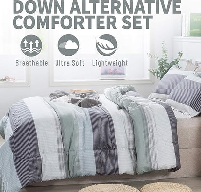 Andency Stripe Comforter Set King Size (104x90 Inch), 3 Pieces Mint Green Patchwork Striped Comforter, Soft Microfiber Down Alternative Comforter Bedding Set with Corner Loops