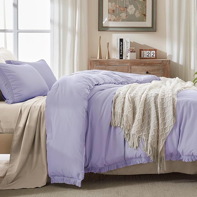 Andency Queen Comforter Set Lavender, Purple 3 Pieces Boho Tassel Lightweight Bedding Comforter Sets, Winter Soft Fluffy Fringe Bed Set (90x90In Comforter & 2 Pillowcases)