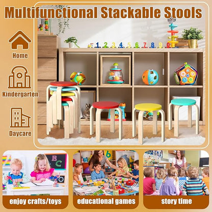 4 Pcs 12 Inch Bentwood Stacking Stool for Kids Colored Durable Round Nesting Stool Flexible Wood Stackable Stool Chairs for Playroom Daycare Home Classroom (Bright Color)