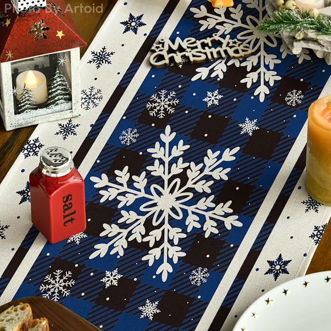 Artoid Mode Buffalo Plaid Snowflakes Blue Christmas Table Runner, Seasonal Winter Kitchen Dining Table Decoration for Home Party Decor 13x60 Inch