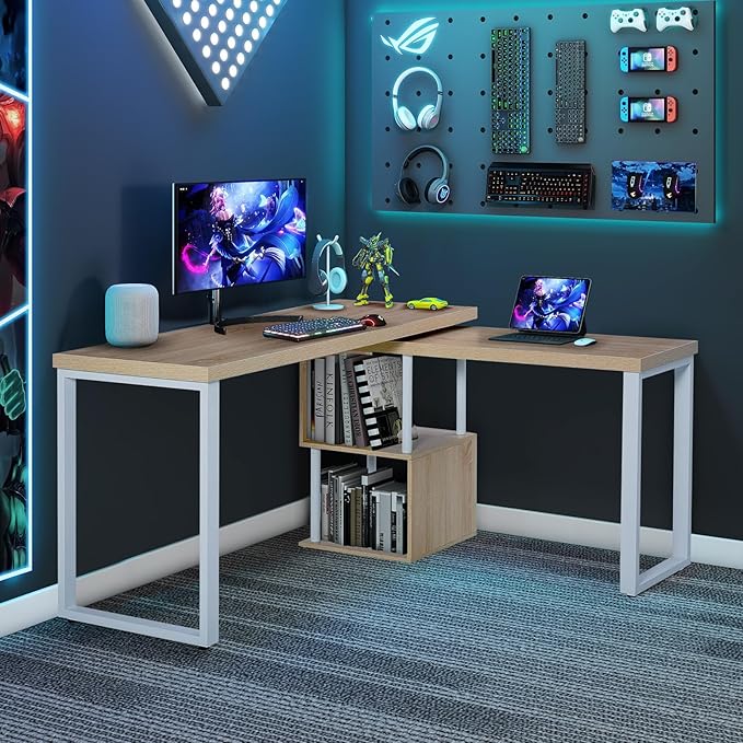 Airdown 55 Inch Reversible L Shaped Home Office Computer Desk with 2-Tier Storage Shelf for Bedroom, Dorm, Study Room, Light Oak