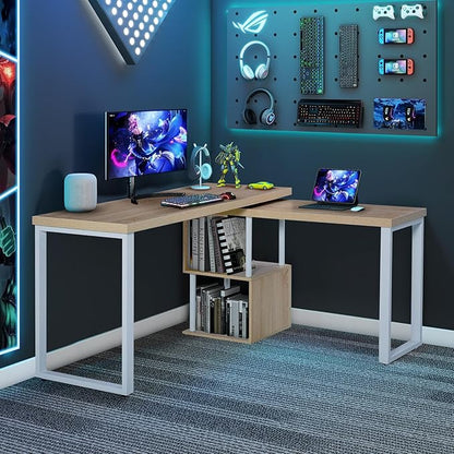Airdown 55 Inch Reversible L Shaped Home Office Computer Desk with 2-Tier Storage Shelf for Bedroom, Dorm, Study Room, Light Oak