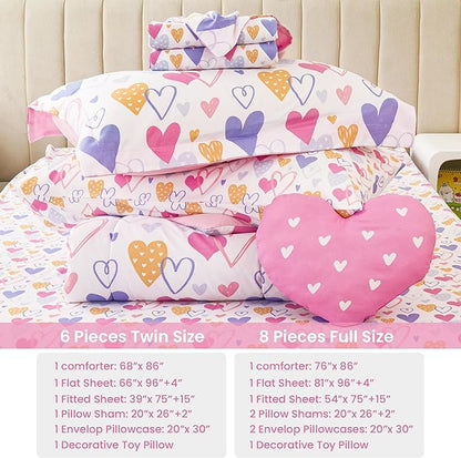 Mooreeke Full Size Comforter Sets for Girls Kids, 8 Pieces Bed in a Bag Pink Heart Bedding Comforter Sheet Set with Shams and Decorative Toy Pillow, Ultral Soft Microfiber Kids Bed Set