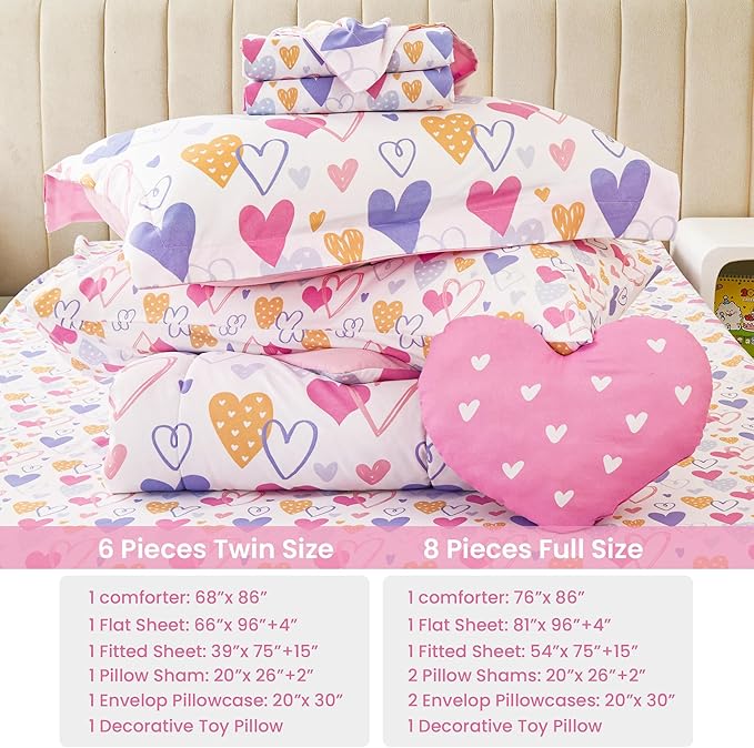 Mooreeke Twin Size Comforter Sets for Girls Kids, 6 Pieces Bed in a Bag Pink Heart Bedding Comforter Sheet Set with Shams and Decorative Toy Pillow, Ultral Soft Microfiber Kids Bed Set