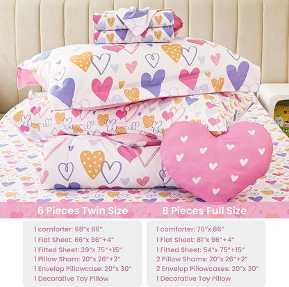Mooreeke Twin Size Comforter Sets for Girls Kids, 6 Pieces Bed in a Bag Pink Heart Bedding Comforter Sheet Set with Shams and Decorative Toy Pillow, Ultral Soft Microfiber Kids Bed Set