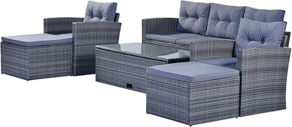 Merax Furniture 6-Piece All-Weather PE Rattan Patio Outdoor Conversation Set with Coffee Table,Wicker Sofas,Ottomans,Removable Cushions,Grey