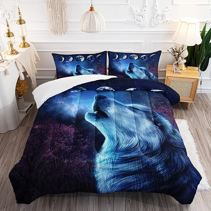 Wolf Comforter Set Galaxy Night Moon Bedding Set 3Pcs Howling Wolf Down Lunar Eclipse Bed Set for Kids Teens Room Decor Wild Animals Comforter with 2 Pillowcases