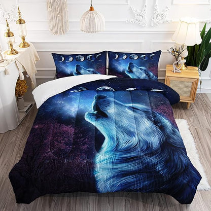 Wolf Comforter Set Galaxy Night Moon Bedding Set 3Pcs Howling Wolf Down Lunar Eclipse Bed Set for Kids Teens Room Decor Wild Animals Comforter with 2 Pillowcases