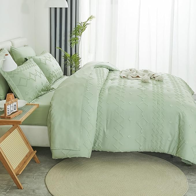 EMME Queen Comforter Set - 7 Pcs Sage Green Boho Bedding Sets, Full Size Tufted Comforter with Sheets, Shabby Chic Embroidery Queen Bed Set Fluffy Bed Bag for All Season(90"X90")