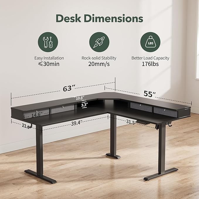 FEZIBO 63" L Shaped Standing Desk with 4 Drawers, Electric Standing Gaming Desk Adjustable Height, Corner Stand up Desk with Splice Board, Black Frame/Black Top
