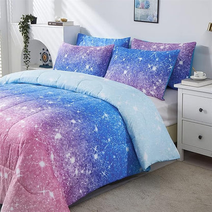 Rainbow Glitter Comforter Set Twin Size for Girls, Sparkle Galaxy Twinkle Starlight Comforter for Kids,2 Piece Aqua Blue Purple Pink Ombre Pastel Bedding Set with 1 Pillow Case(Rainbow,Twin)