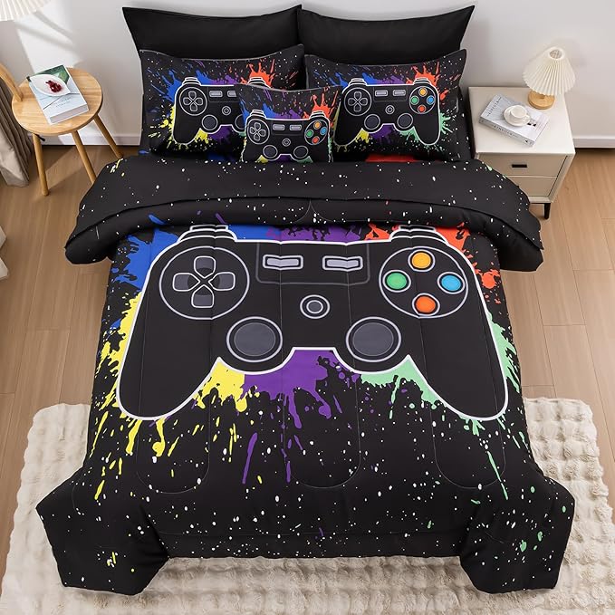8Pcs Gamer Comforter Set with Sheets for Boys Girls Kids Teens, Colorful Graffiti Gaming Themed Bed in A Bag Queen Size, Black 3D Video Game Controller Bedroom Decor Bedding Set-Black