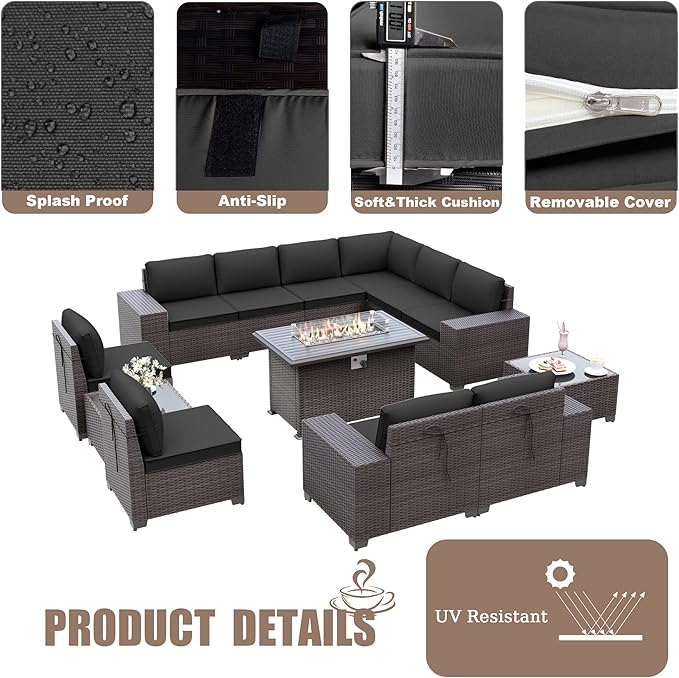 Patio Furniture Sectional Sofa Set 13PCS PE Rattan Patio Conversation Set w/43in Gas Fire Pit Table, Outdoor Furniture with 55000 BTU Propane Fire Pit, Black