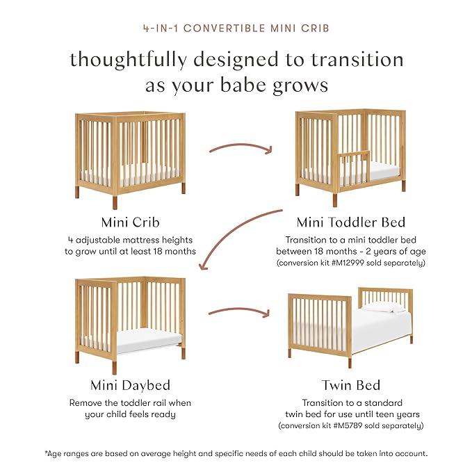 babyletto Gelato 4-in-1 Convertible Mini Crib with Toddler Bed Conversion in Honey with Vegan Tan Leather Feet, Greenguard Gold Certified