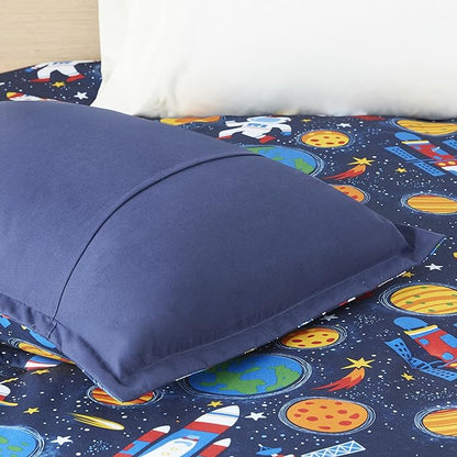 Mi Zone Kids Jason Cozy Comforter Outer Space Rocket Ships, Astronauts Print, All Season Cover, Hypoallergenic Bedding Set, Matching Sham, Decorative Pillow, Twin(66" Wx86 L), Multi 3 Piece