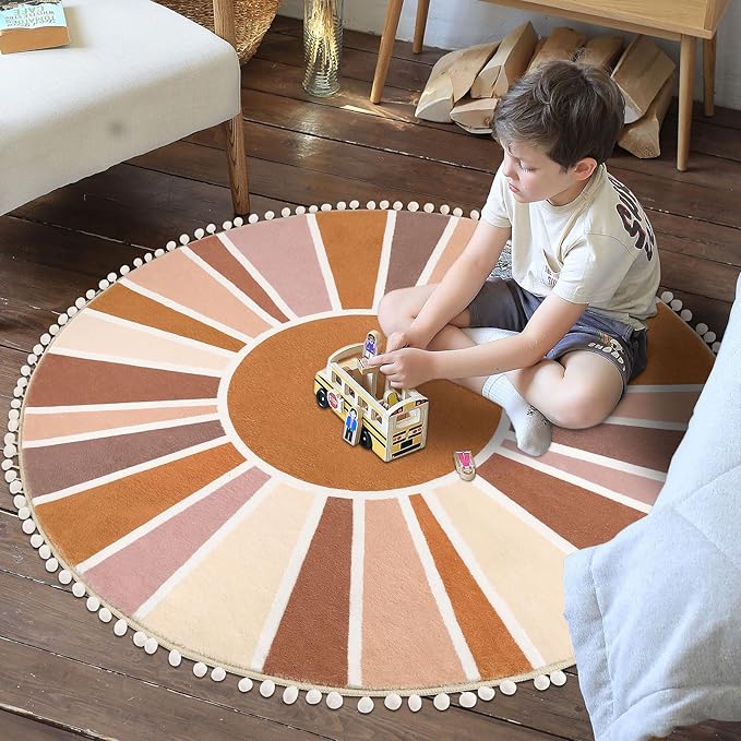 Topotdor Boho Round Area Rug 4ft Sun Rainbow Nursery Rugs for Kids Room, Washable Ultra Soft Circle Area Rug with Pom Poms, Non-Slip Accent Throw Rugs for Bedroom Entryway Living Room Decor