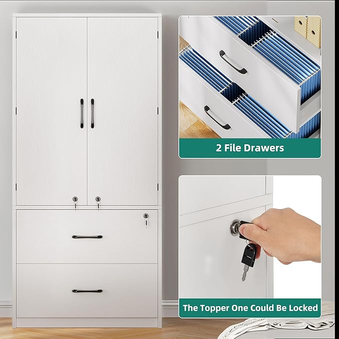 YITAHOME Wood File Cabinets, Heavy Duty Garage Tool Cabinets with Doors & Adjustable Shelves, Big Storage Filing Lockers for Home Office, Living Room, Pantry, Gym, Basement, Warehouse, White