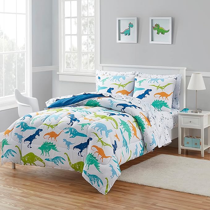 Kids Bedding Set Bed in a Bag for Boys and Girls Toddlers Printed Sheet Set and Comforter, Full, Dinosaur (Pack of 4)