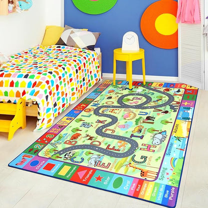Terrug Kids Rugs for Playroom, Educational Classroom Rug for Kids Room, Washable Nursery Rug Carpet Non Slip Playroom Rug Play Mat for Learning ABC Rug, Numbers, Animal, Colors, Season, 4X6 Feet