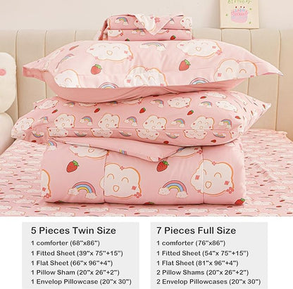 Mooreeke Bed in a Bag for Kids Girls Teens, 5 Pieces Twin Size Comforter Bed Set with Shams, Sheet Set, Rainbow Cloud Strawberry Pink Super Soft Microfiber Kids Comforter Bedding Set
