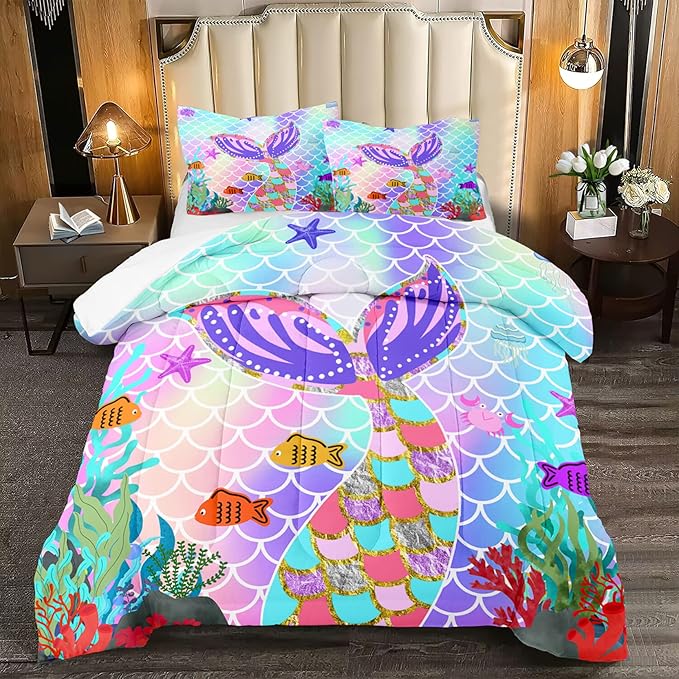 Mermaid Full Size Bedding Set for Girls, Rainbow Mermaid Tail Fish Scales Comforter Set Full Size Bed in a Bag, Cute Mermaid Tail Pattern Decor for Girls Bedroom, 1 Comforter 2 Pillowcase