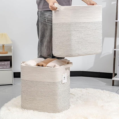 Hampers for Bins Large Blanket Basket,Storage Basket Rectangle Woven Baskets for Storage, Nursery Cotton Rope Basket Living Room, Toy Basket For Organizing, With Handle Dirty Clothes Basket