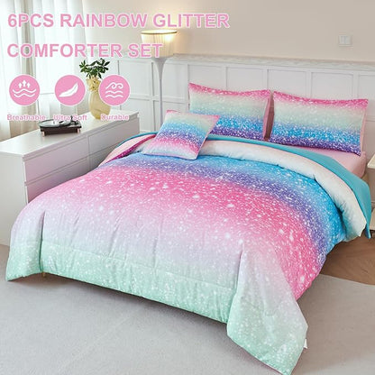 PERFEMET Girls Comforter Set with Sheets 6 Pieces Full Size Bedding Set Blue Pink Green Ombre Bed in A Bag Rainbow Tie Dye Kids Bed Sets Grandient Glitter Full Comforter Sets