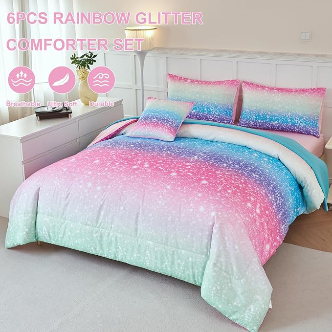 PERFEMET Blue Green Twin Comforter Set for Girls, 6 Pcs Colorful Rainbow Kids Bedding Sets, Tie Dye Ombre Twin Comforter Set with Sheets, Gradient Glitter Bed Sets for Bedroom Decoration