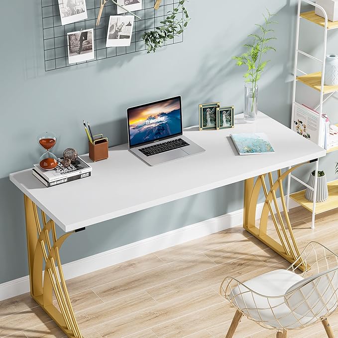 55’’ Large Modern Computer Desk, White & Gold Luxury Laptop PC Student Table, Makeup Vanity Table with Thick Frame & Strong Legs, Sturdy Writing Workstation for Home & Office